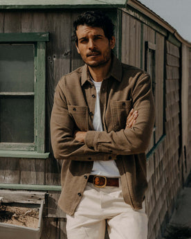fit model posing in The Utility Shirt in Cypress Sashiko, Wovens by Taylor Stitch
