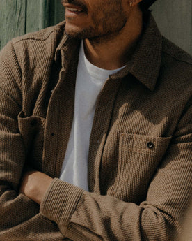fit model with The Utility Shirt in Cypress Sashiko buttoned up, Wovens by Taylor Stitch