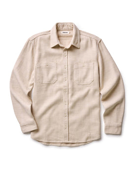 fit model leaning against the wall in The Utility Shirt in Natural Sashiko, Wovens by Taylor Stitch