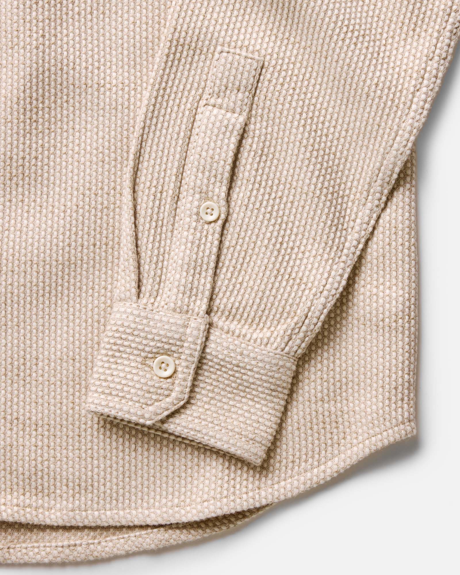 material shot of the buttons on The Utility Shirt in Natural Sashiko, Wovens by Taylor Stitch
