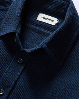 material shot of the collar on The Utility Shirt in Navy Sashiko, Wovens by Taylor Stitch