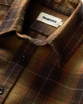 material shot of the collar on The Yosemite Shirt in Bonfire Plaid, Wovens by Taylor Stitch