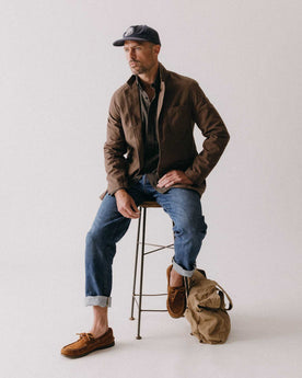 fit model posing in The Foundation Sportcoat in Organic Espresso Twill, Outerwear by Taylor Stitch