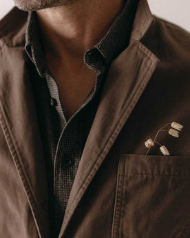 fit model showing off the pocket on The Foundation Sportcoat in Organic Espresso Twill, Outerwear by Taylor Stitch