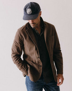 fit model showing off The Foundation Sportcoat in Organic Espresso Twill, Outerwear by Taylor Stitch