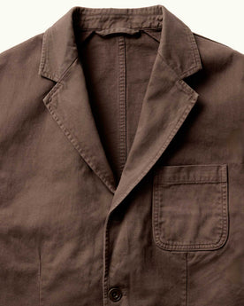 material shot of the collar on The Foundation Sportcoat in Organic Espresso Twill, Outerwear by Taylor Stitch