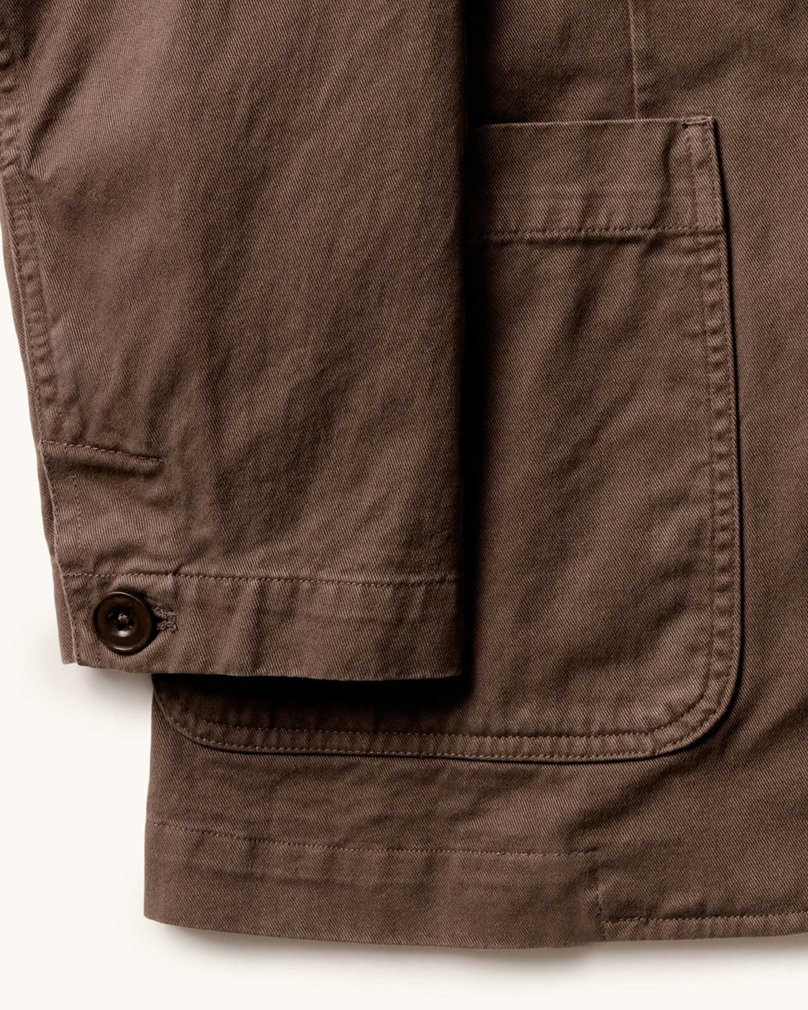 material shot of the cuff on The Foundation Sportcoat in Organic Espresso Twill, Outerwear by Taylor Stitch