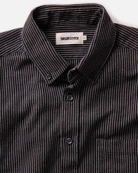 fit model showing off the collar on The Jack in Roped Black Indigo, Wovens by Taylor Stitch