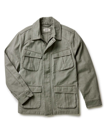 flatlay of The Surplus Jacket in Field Olive Reverse Sateen