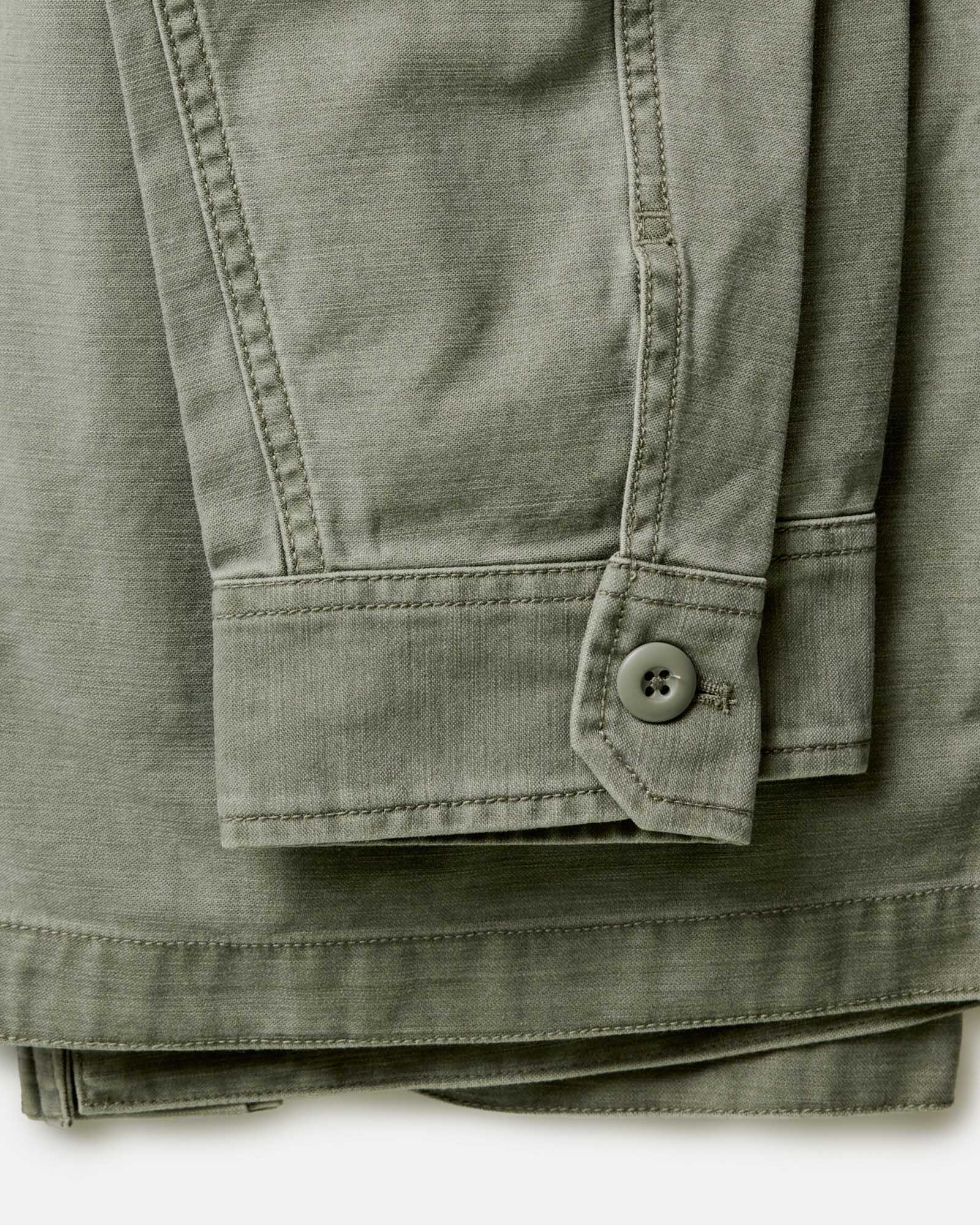 material shot of the cuffs on The Surplus Jacket in Field Olive Reverse Sateen, Outerwear by Taylor Stitch