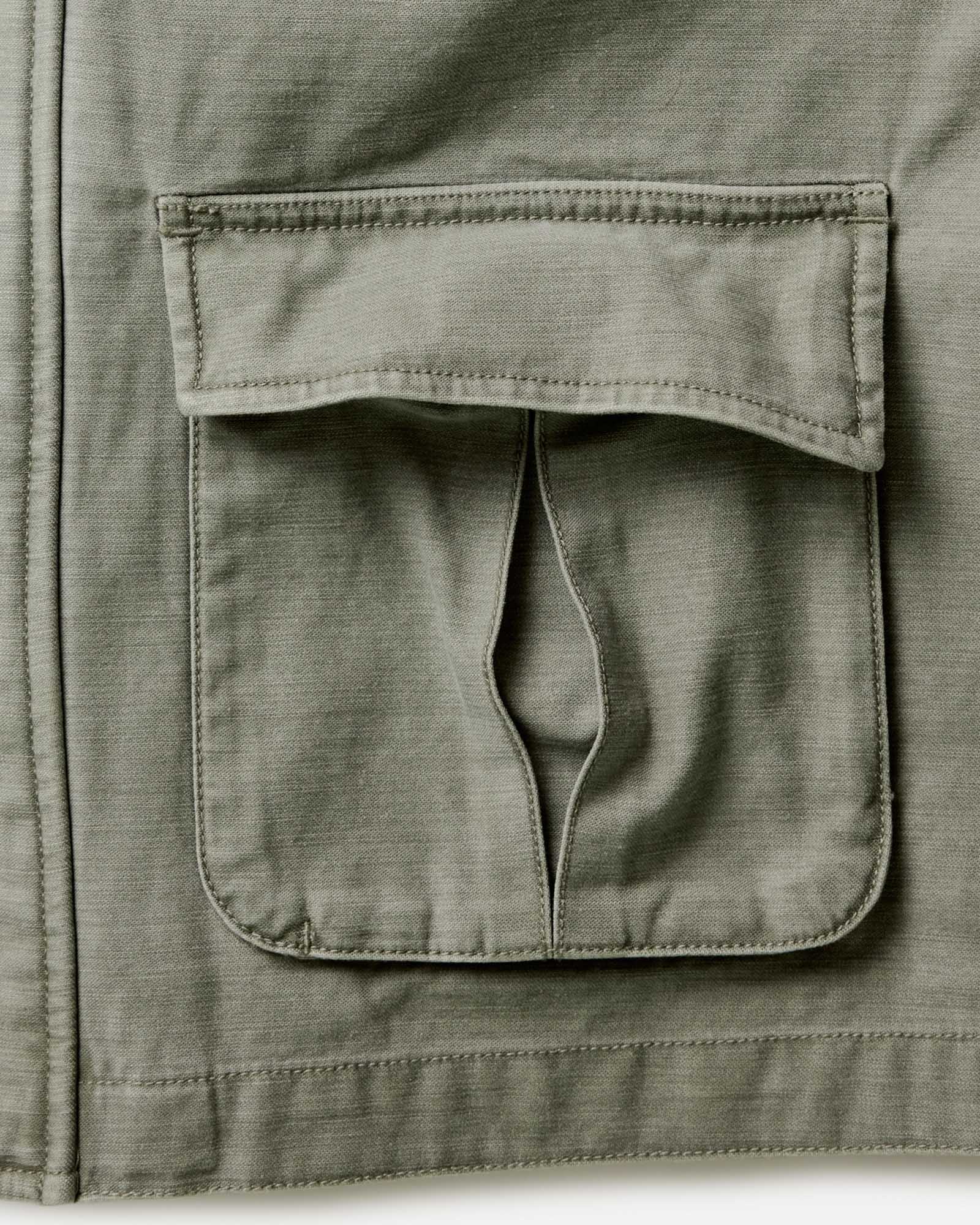 material shot of the pockets on The Surplus Jacket in Field Olive Reverse Sateen, Outerwear by Taylor Stitch