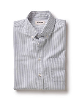 folded flatlay of The Jack in Navy University Stripe Everyday Oxford, Wovens by Taylor Stitch