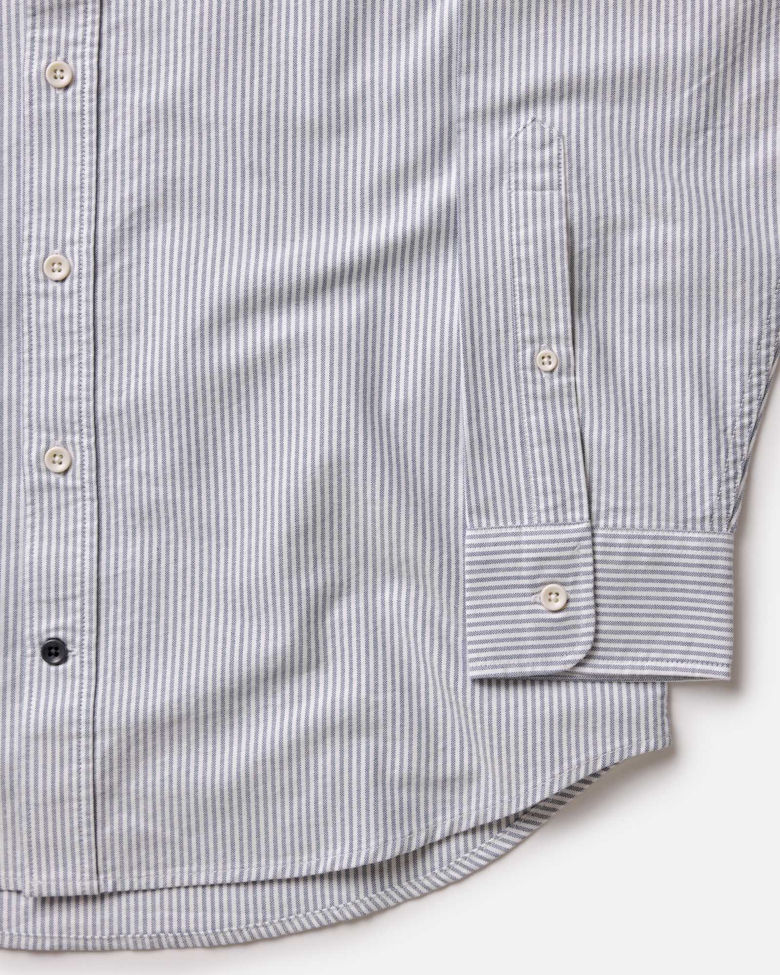 material shot of the buttons on The Jack in Navy University Stripe Everyday Oxford, Wovens by Taylor Stitch