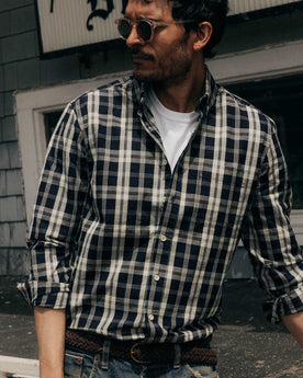 fit model walking wearing The Jack in Rinsed Indigo Plaid Oxford, Wovens by Taylor Stitch