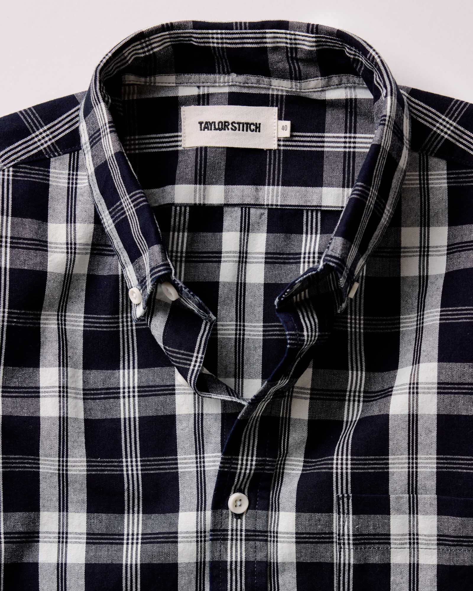 material shot of the collar on The Jack in Rinsed Indigo Plaid Oxford, Wovens by Taylor Stitch