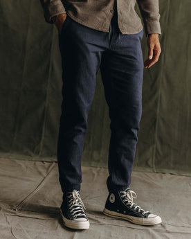 fit model showing off The Apres Pant in Coal Double Cloth, Bottoms by Taylor Stitch