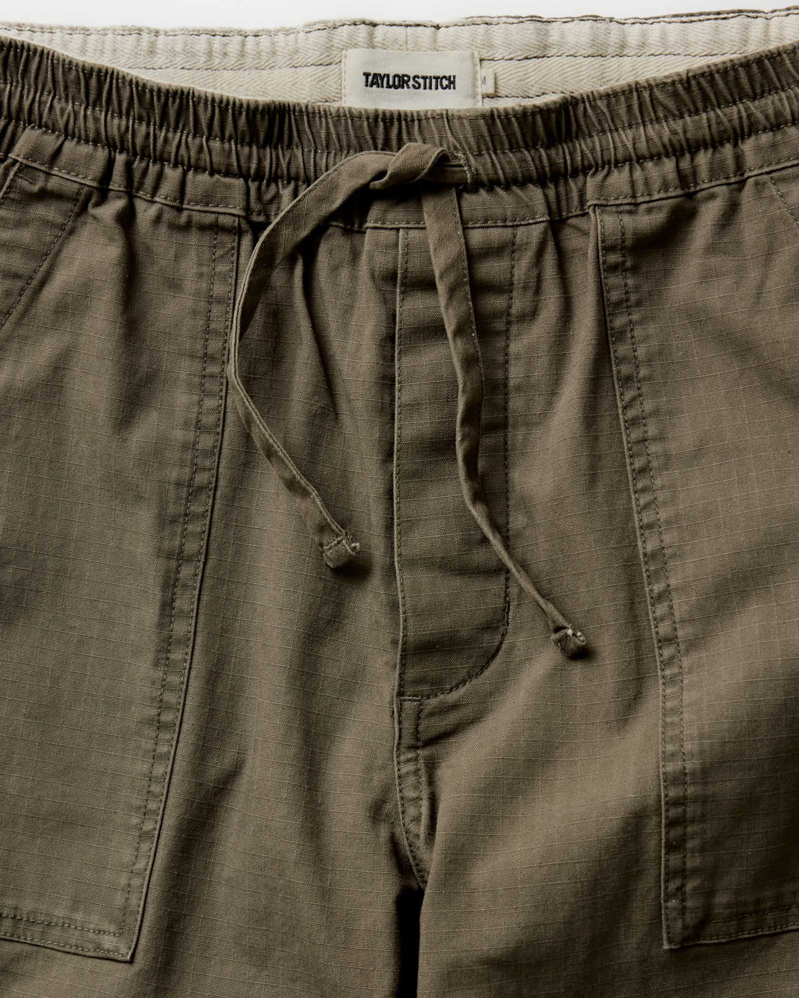 material short of the waistband on The Breakwater Pant in Mushroom Ripstop, Bottoms by Taylor Stitch
