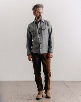 fit model posing in The CPO Shirt in Heather Ash Twill, Wovens by Taylor Stitch