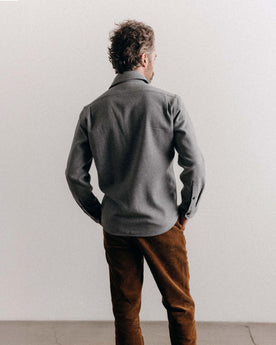 fit model showing off the back of The CPO Shirt in Heather Ash Twill, Wovens by Taylor Stitch