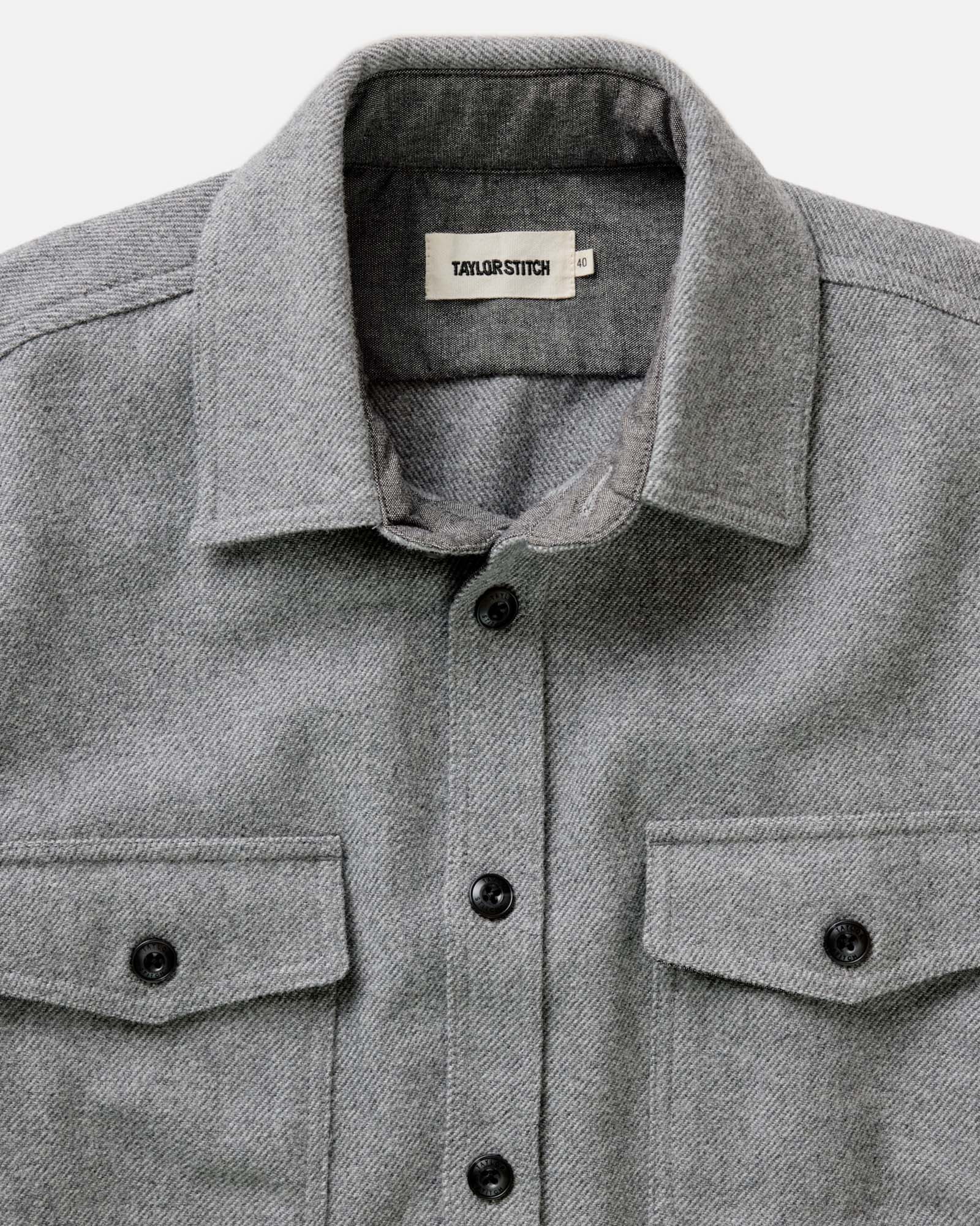 material shot of the collar on The CPO Shirt in Heather Ash Twill, Wovens by Taylor Stitch