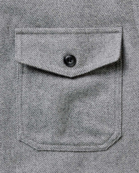material shot of the pocket on The CPO Shirt in Heather Ash Twill, Wovens by Taylor Stitch