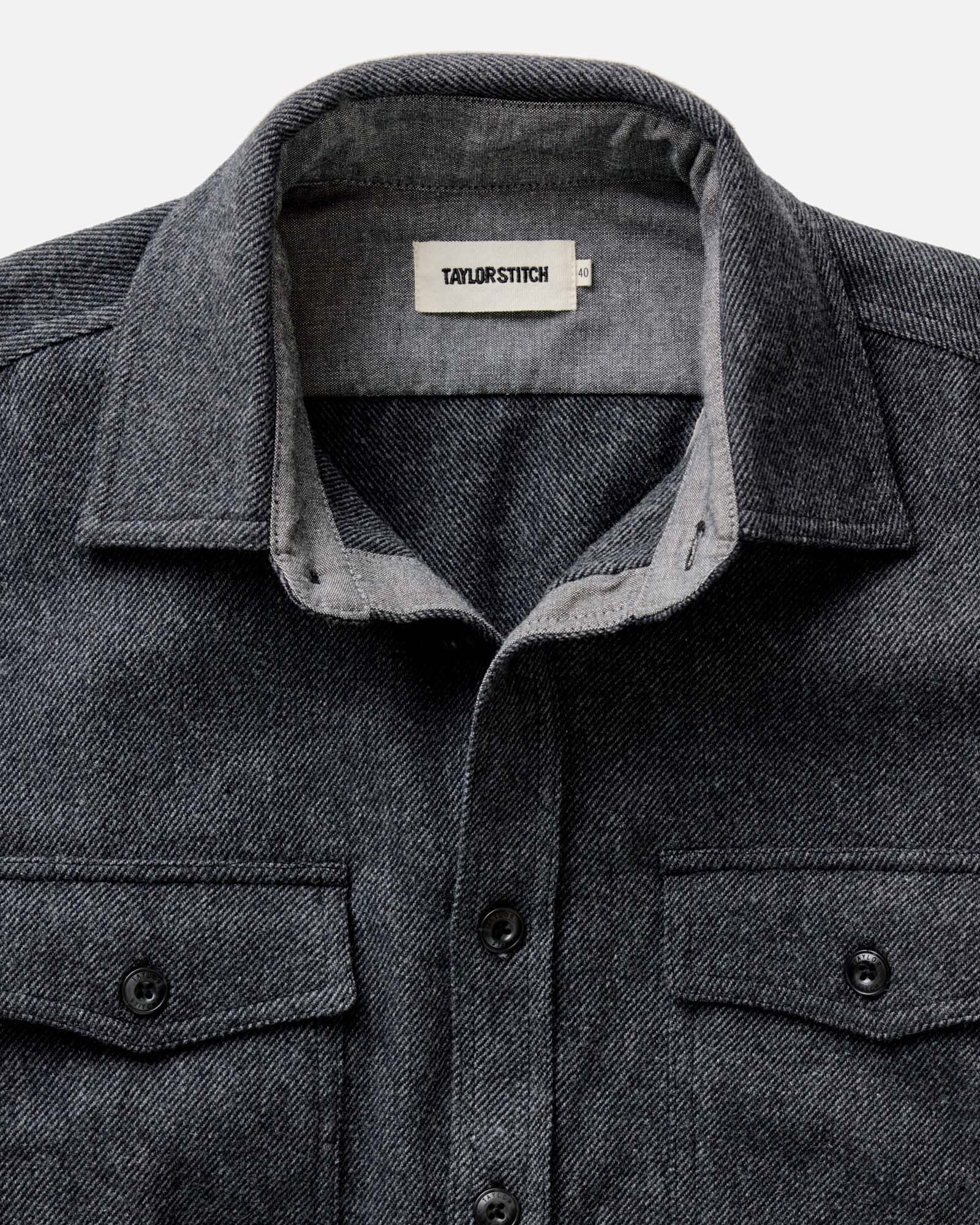 material shot of the collar on The CPO Shirt in Heather Slate Twill, Wovens by Taylor Stitch