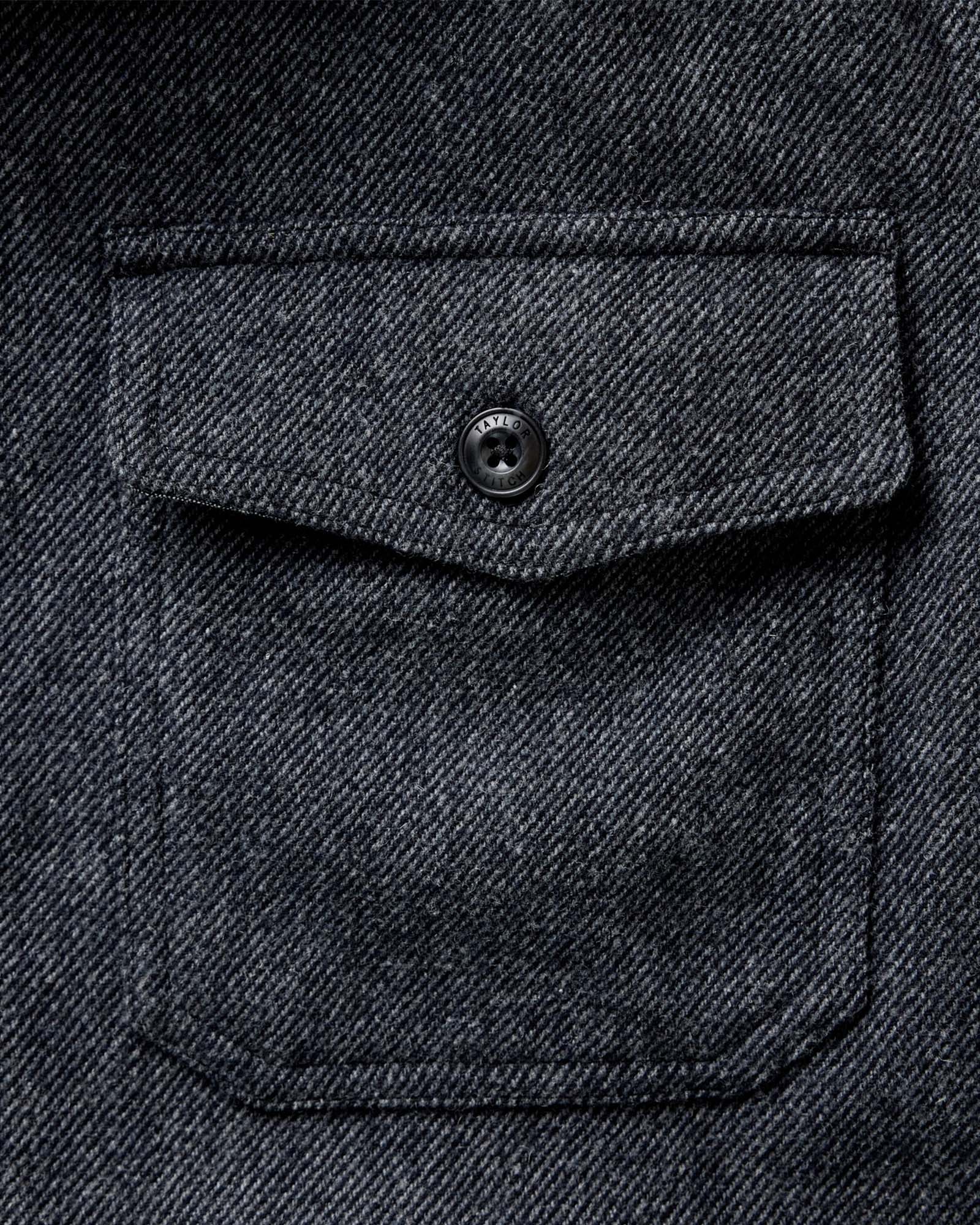 material shot of the pocket on The CPO Shirt in Heather Slate Twill, Wovens by Taylor Stitch