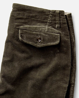 material shot of the back pocket on The Carnegie Pant in Fatigue Olive Corduroy, Bottoms by Taylor Stitch