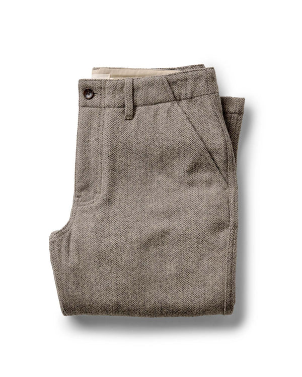 folded flatlay of The Carnegie Pant in Gravel Herringbone Wool