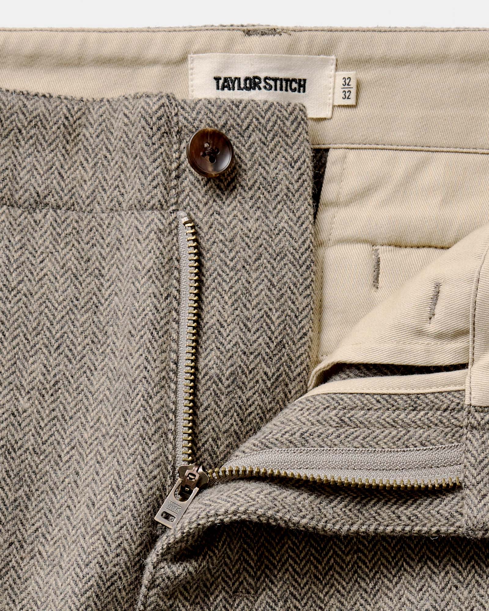 material shot of the zipper fly on The Carnegie Pant in Gravel Herringbone Wool, Bottoms by Taylor Stitch