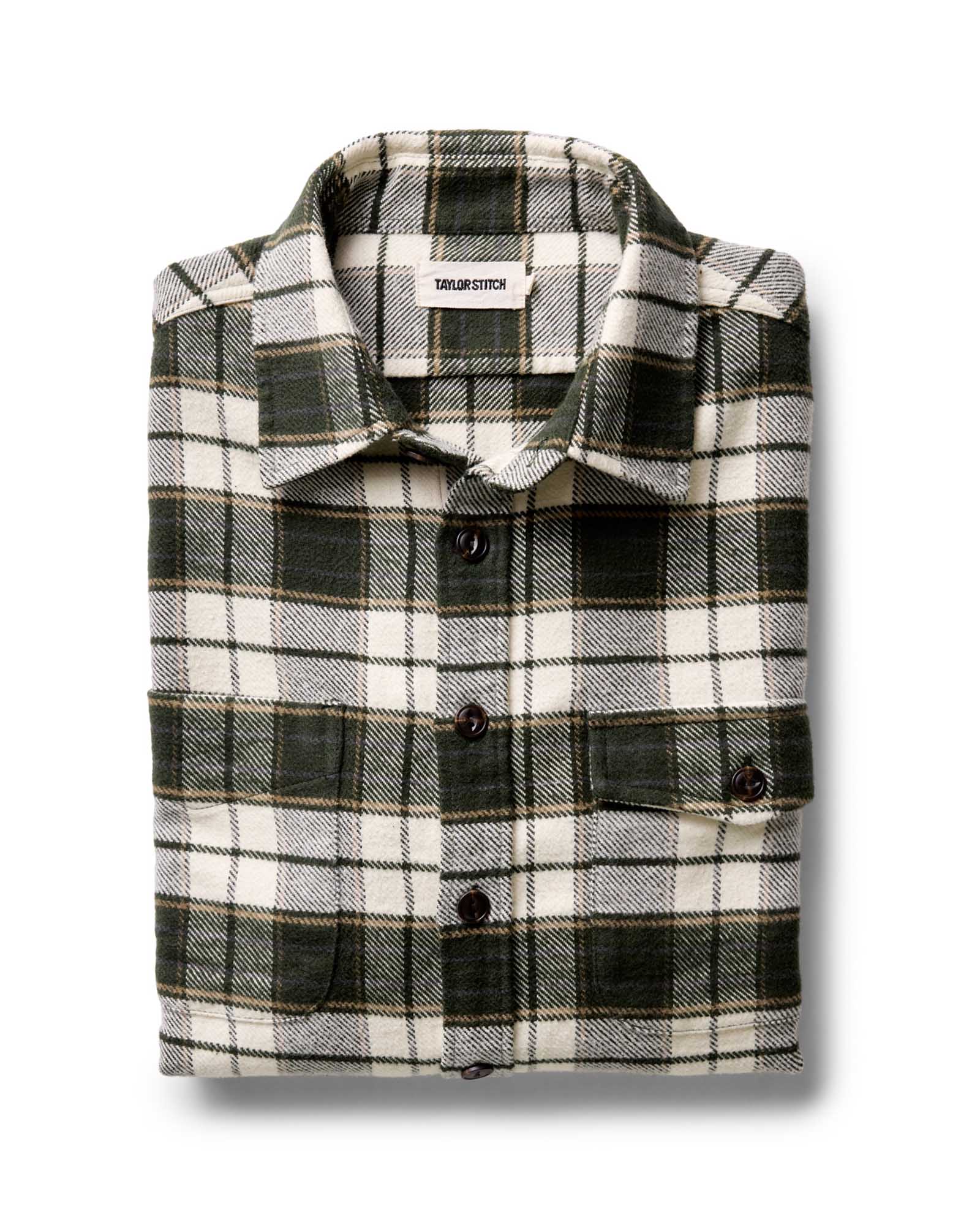 folded flatlay of The Crater Shirt in Forest Plaid, Wovens by Taylor Stitch