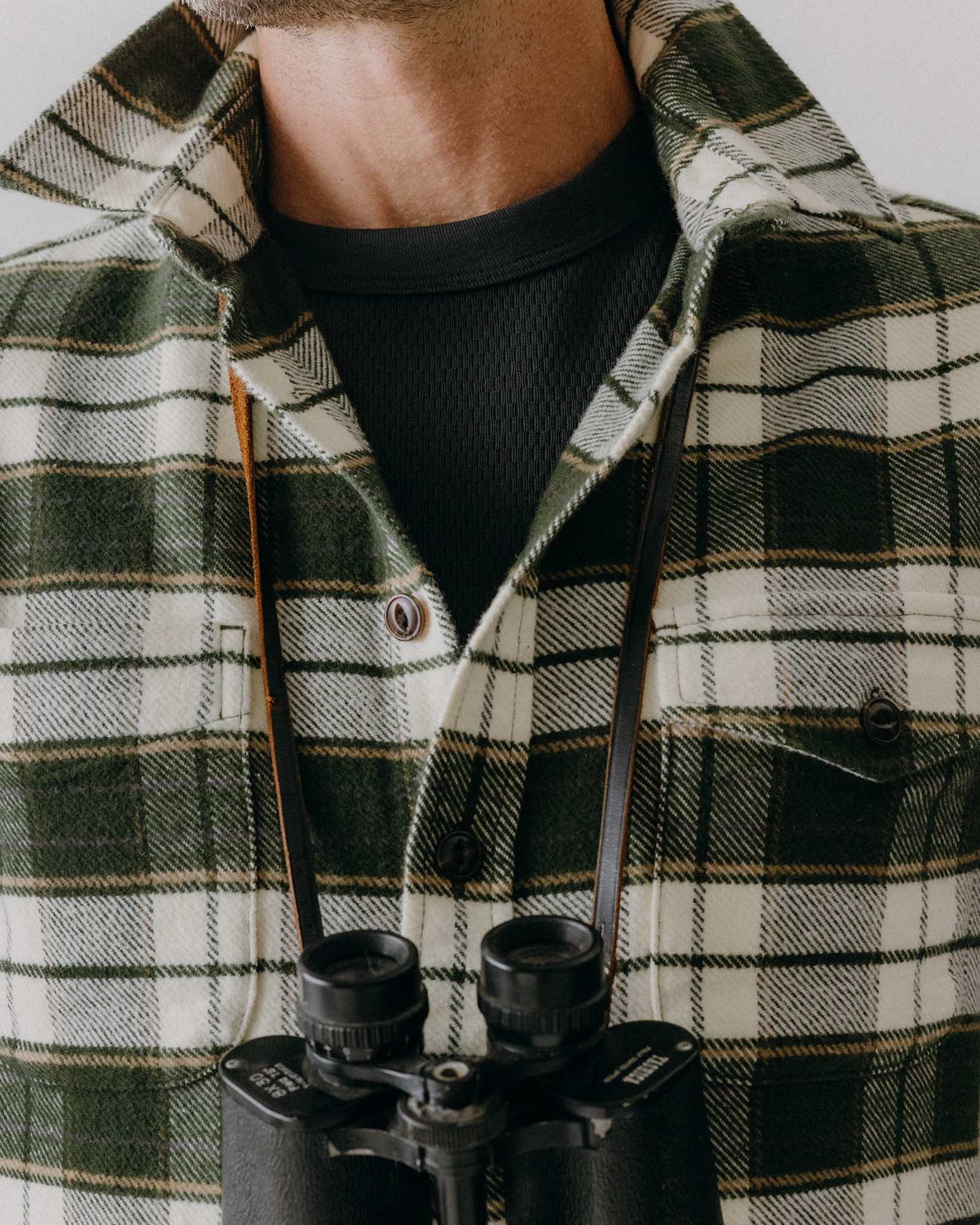 fit model showing off the collar on The Crater Shirt in Forest Plaid, Wovens by Taylor Stitch