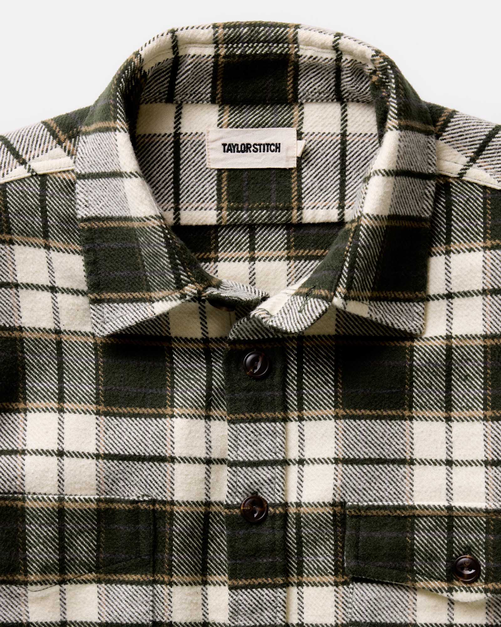 material shot of the collar on The Crater Shirt in Forest Plaid, Wovens by Taylor Stitch