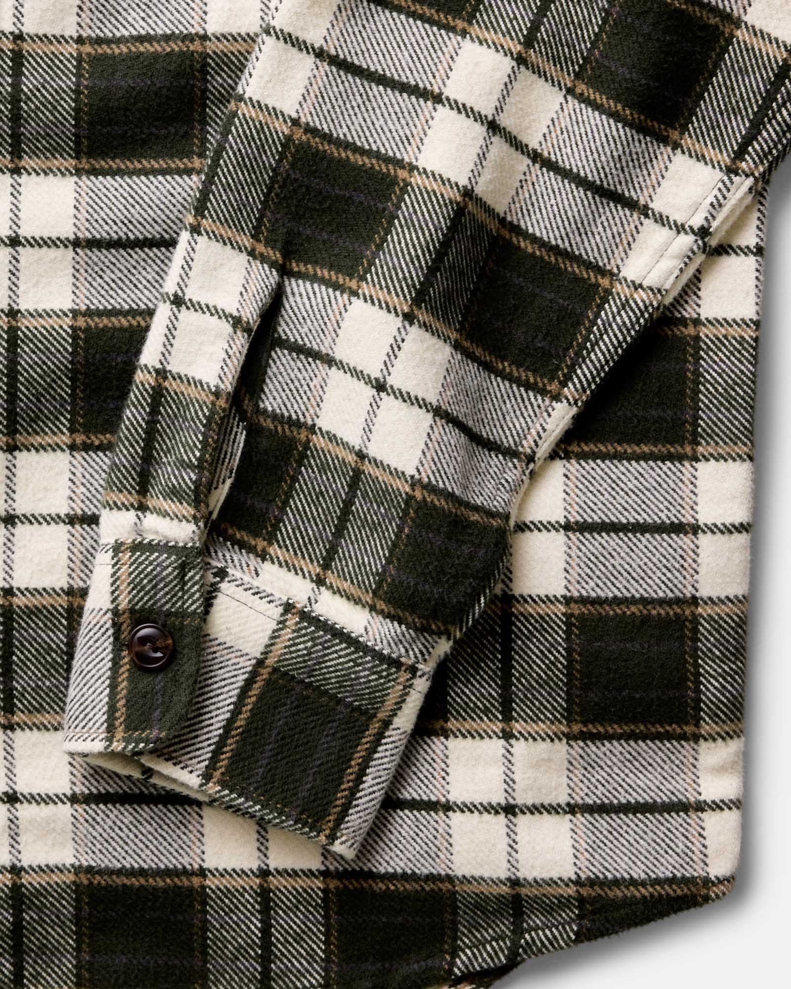material shot of the sleeve on The Crater Shirt in Forest Plaid, Wovens by Taylor Stitch