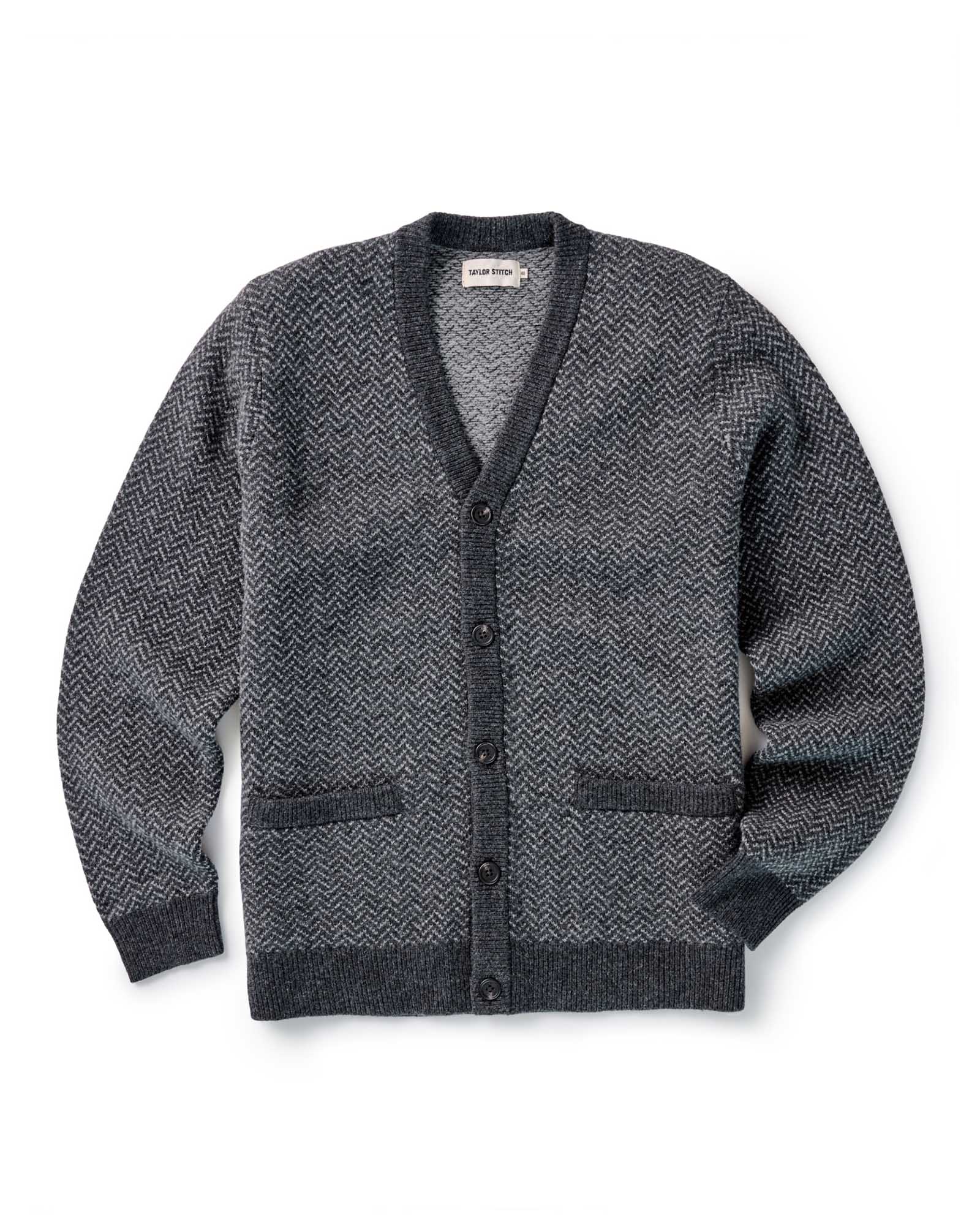 flatlay of The Eddy Cardigan in Heather Charcoal Herringbone, Knits by Taylor Stitch