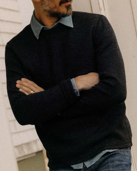 fit model with his arms crossed wearing The Evans Crew in Navy Birdseye Wool, Knits by Taylor Stitch