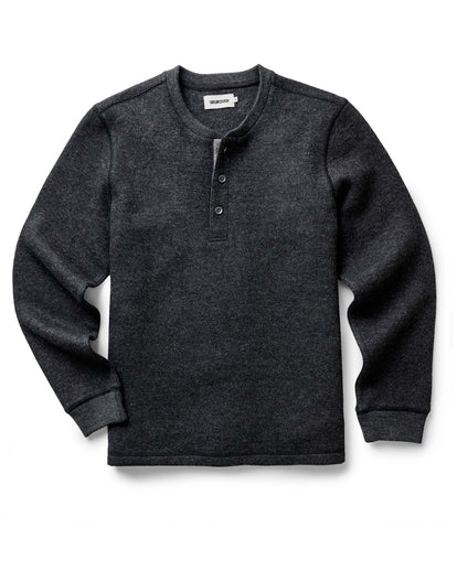 flatlay of The Evans Henley in Charcoal Birdseye Wool