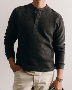 fit model posing in The Evans Henley in Charcoal Birdseye Wool, Knits by Taylor Stitch