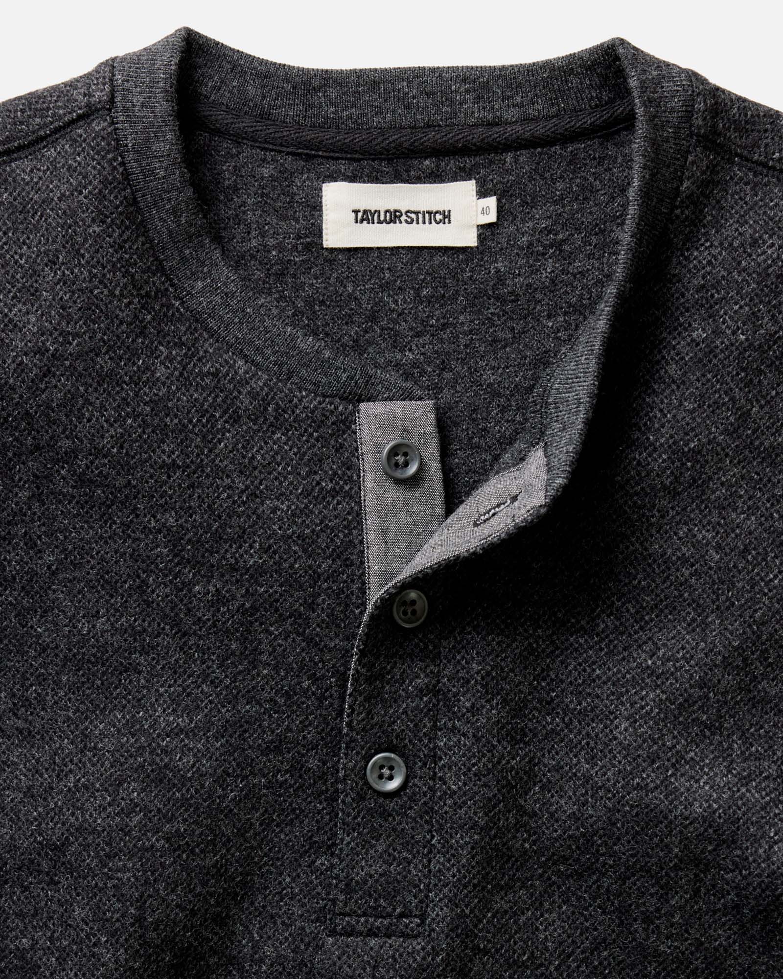 material shot of the collar on The Evans Henley in Charcoal Birdseye Wool, Knits by Taylor Stitch