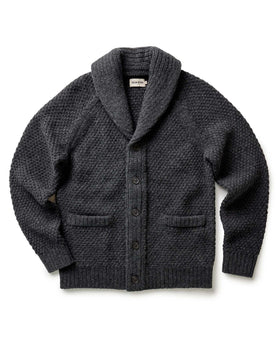 flatlay of The Fisherman Shawl Cardigan in Heather Coal Merino, Knits by Taylor Stitch