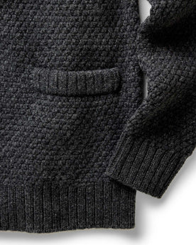 material shot of the sleeves on The Fisherman Shawl Cardigan in Heather Coal Merino, Knits by Taylor Stitch