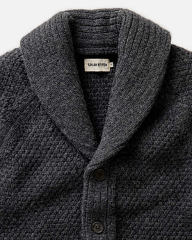 material shot of the collar on The Fisherman Shawl Cardigan in Heather Coal Merino, Knits by Taylor Stitch