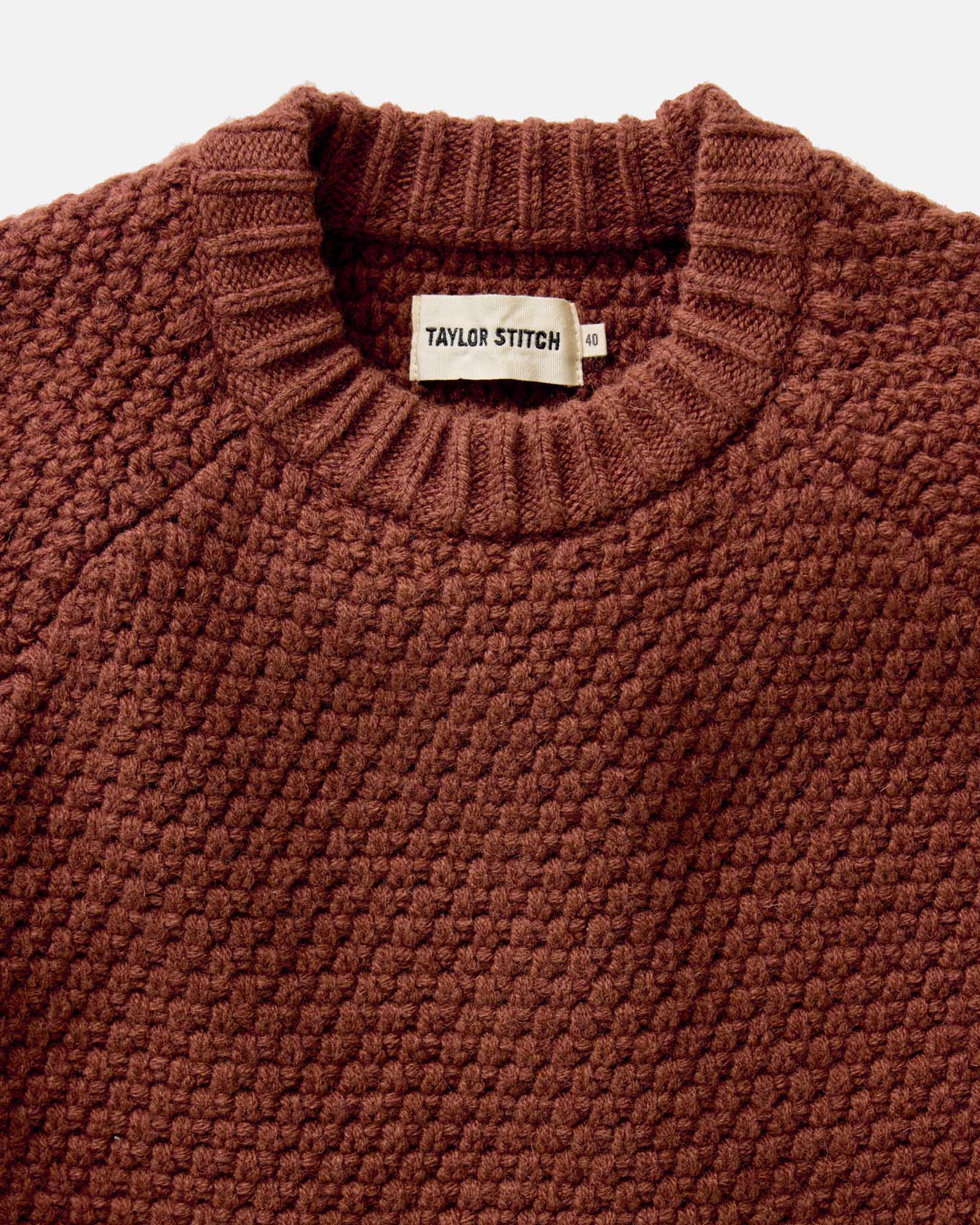 material shot of the collar on The Fisherman Sweater in Heather Brick Merino, Knits by Taylor Stitch