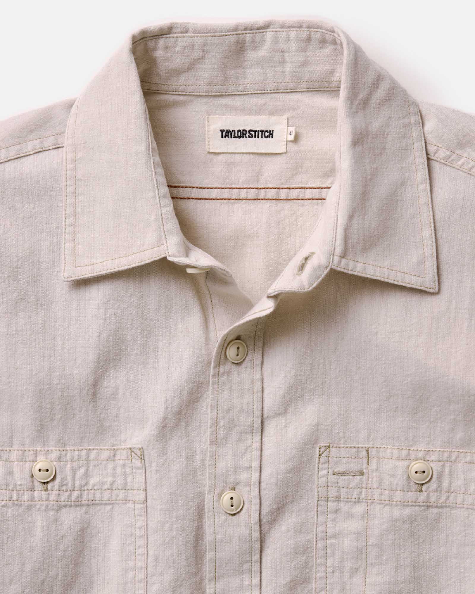 material shot of the collar on The Foundry Shirt in Natural Chambray, Wovens by Taylor Stitch