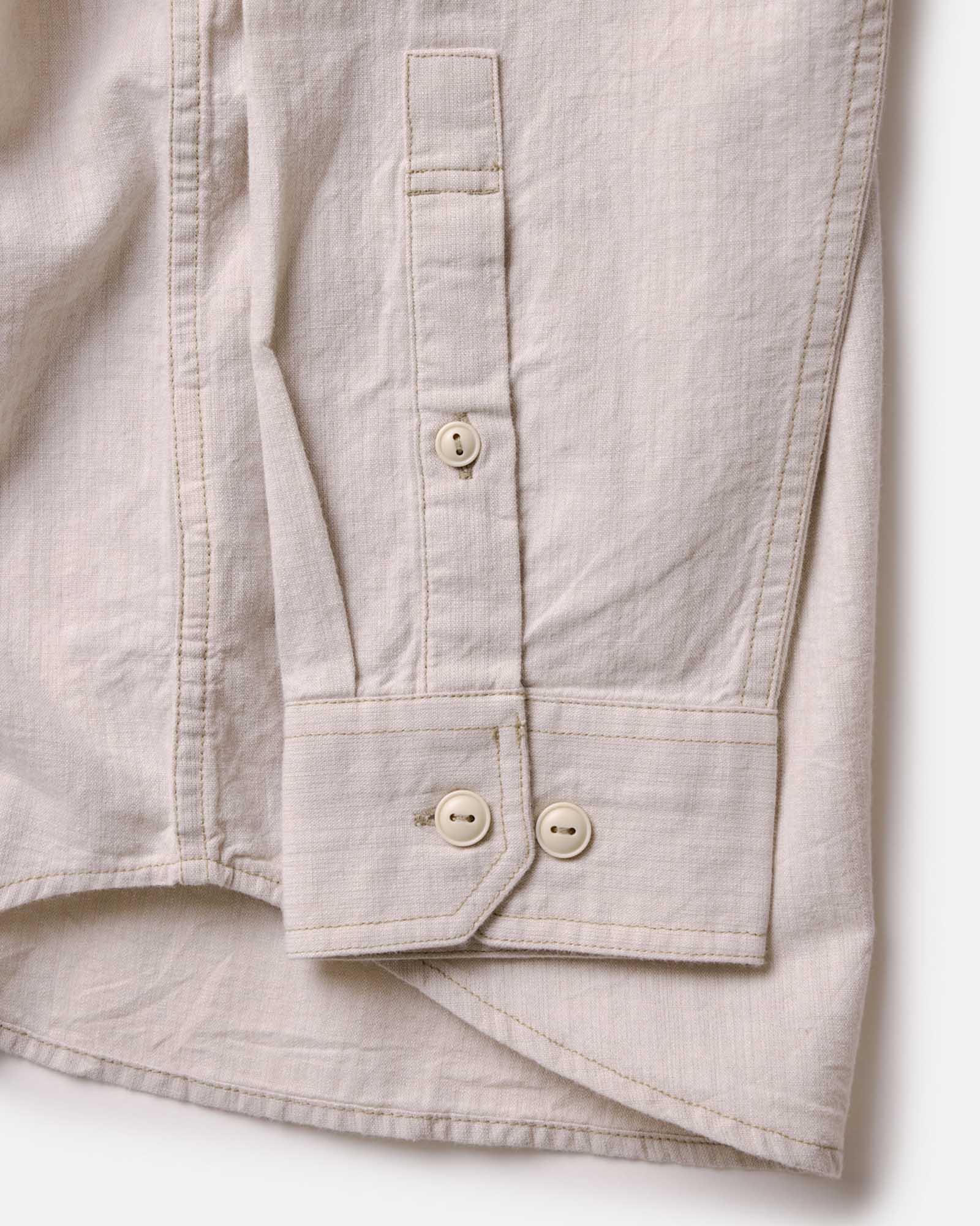 material shot of the cuff on The Foundry Shirt in Natural Chambray, Wovens by Taylor Stitch