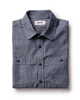 folded flatlay of The Foundry Shirt in Rinsed Indigo Chambray, Wovens by Taylor Stitch