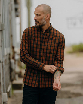 fit model walking wearing The Jack in Autumn Pine Plaid Flannel, Wovens by Taylor Stitch