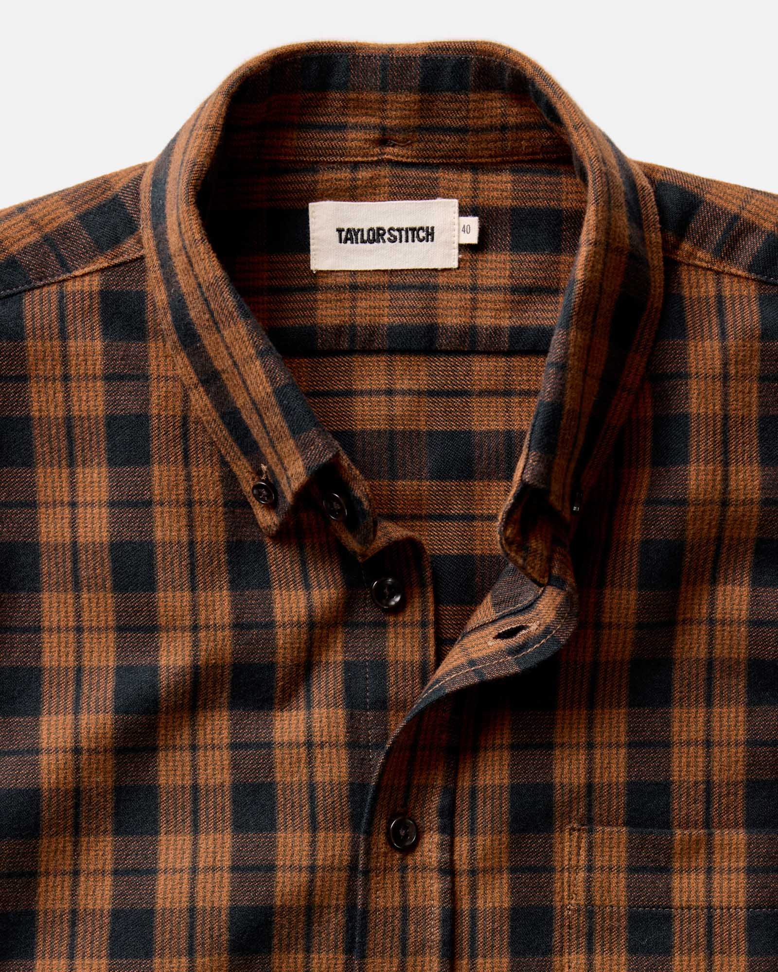 material shot of the collar on The Jack in Autumn Pine Plaid Flannel, Wovens by Taylor Stitch