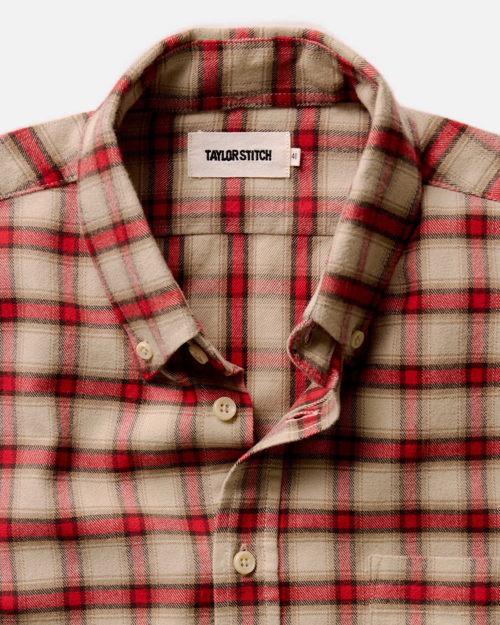 material shot of the collar on The Jack in Cardinal Plaid Flannel, Wovens by Taylor Stitch
