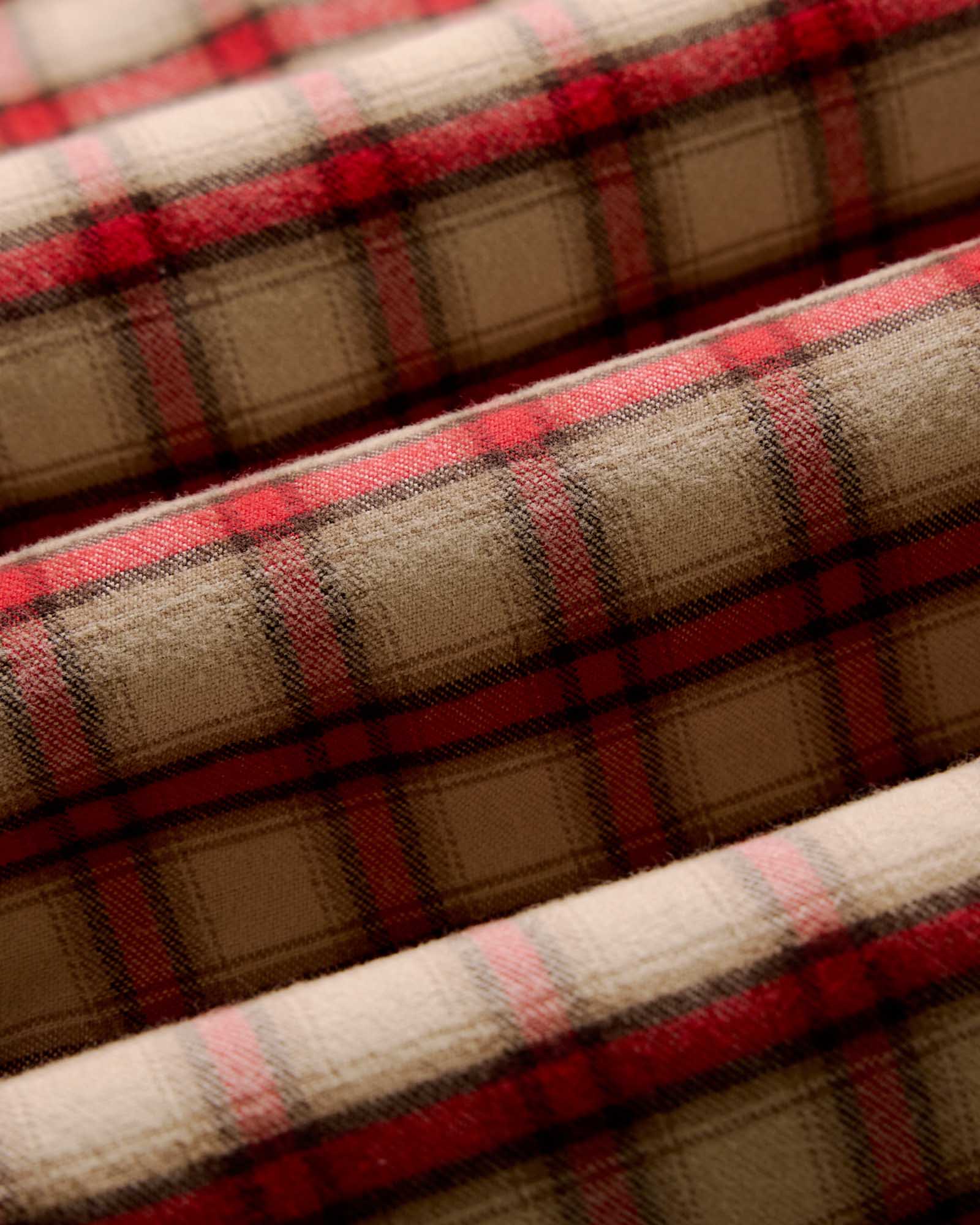 material shot of the fabric on The Jack in Cardinal Plaid Flannel, Wovens by Taylor Stitch